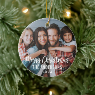 Modernes Drehbuch Frohe Weihnachtsfamilie Foto Keramik Ornament