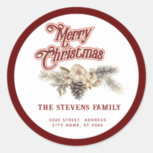Modernes Drehbuch Frohe Weihnachtskiefer Blumenkog Runder Aufkleber