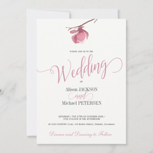 Modernes Drehbuch für die Hochzeit in Rosa und Wei Einladung (Vorderseite)