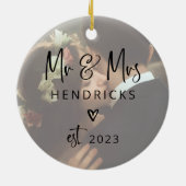 Modernes Drehbuch| Herr und Frau Wedding Two Foto Keramik Ornament (Hinten)