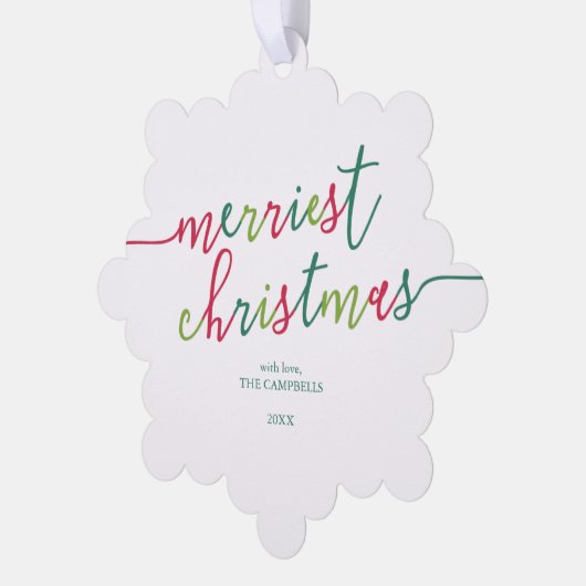 Modernes Drehbuch "Merriest Christmas" Foto Ornament Karte (Linke Ecke)