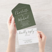 Modernes Drehbuch Minimalistisch Olive Green Weddi All In One Einladung (Abreißen)