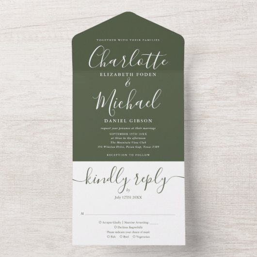 Modernes Drehbuch Minimalistisch Olive Green Weddi All In One Einladung (Innen Boden)