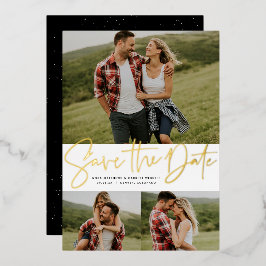 Modernes Drehbuch mit drei Foto Gold Save the Date Folieneinladung