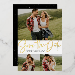 Modernes Drehbuch mit drei Foto Gold Save the Date Folieneinladung