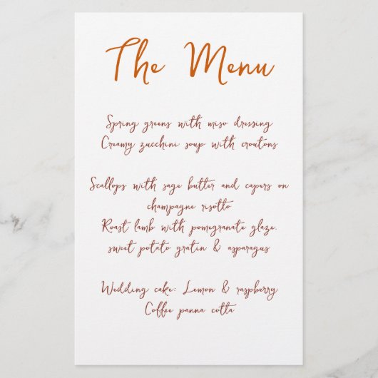 Modernes Drehbuch Orange Wedding Menu (Vorderseite)