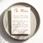 Modernes Drehbuch Orange Wedding Menu<br><div class="desc">Dieses lässige und moderne Hochzeitsmenü mit einem Schriftart, der die Handschrift nachahmt, eignet sich perfekt für eine Sommerhochzeit, Hochzeit im Herbst, lässige Hochzeit oder jede andere Feier, bei der Sie individuelle Menükarten verwenden möchten. Dieses Menü-Template verfügt über einen verbrannten orangen Hintergrund auf der Rückseite der Karte - alle Farben dieser...</div>