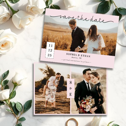 Modernes Drehbuch Romantisches Rosa Foto Hochzeit Save The Date