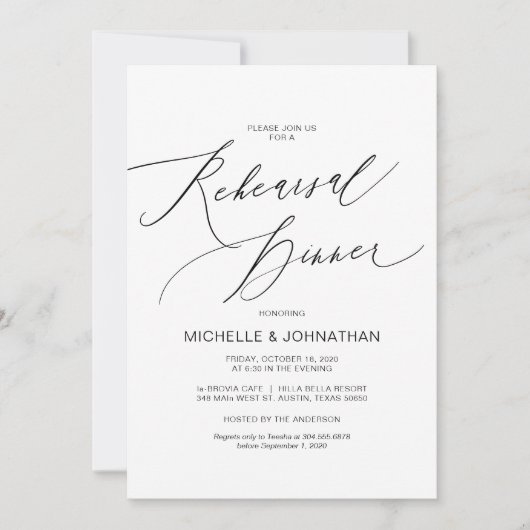 Modernes Drehbuch, Schwarz, Hochzeit-Probe-Dinner Einladung (Vorderseite)