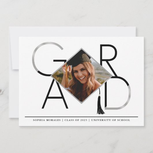 Modernes Drehbuch Silver Tassel Grad Foto Collage Einladung (Vorderseite)