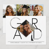 Modernes Drehbuch Silver Tassel Grad Foto Collage Einladung (Vorne/Hinten)