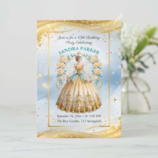 Modernes Drehbuch Stilvolle schicke Goldkleidung G Einladung (Stehend Vorderseite)