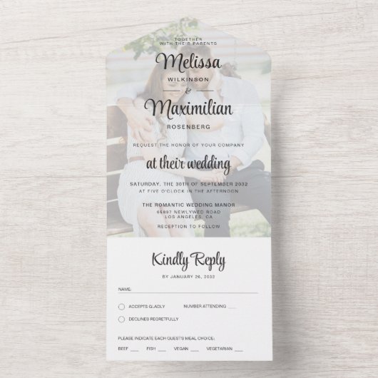 Modernes Drehbuch transparentes Foto All In One Einladung (Innen Boden)