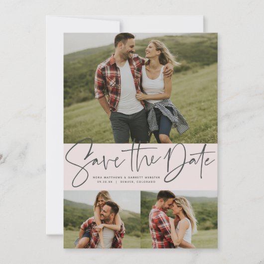 Modernes Drehbuch trendy drei Foto rot Rosa Save The Date (Vorderseite)