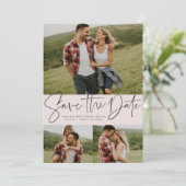 Modernes Drehbuch trendy drei Foto rot Rosa Save The Date (Stehend Vorderseite)