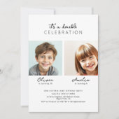 Modernes Drehbuch Zwei Fotos Gemeinsame Geburtstag Einladung (Vorderseite)