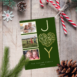 Modernes Drei-Foto Gree Joy Joyful Christmas Herz Folien Feiertagskarte