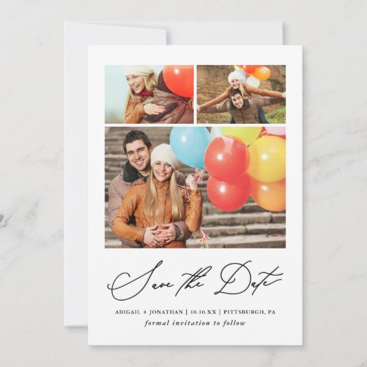 Modernes Drei-Foto-Handschrift Save The Date (Vorderseite)
