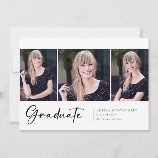 Modernes Drei-Foto-Script-Schriftart-Graduate Ankündigung (Vorderseite)