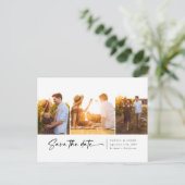 Modernes Drei-Foto-Script-Schriftart Save the Date Ankündigungspostkarte (Stehend Vorderseite)
