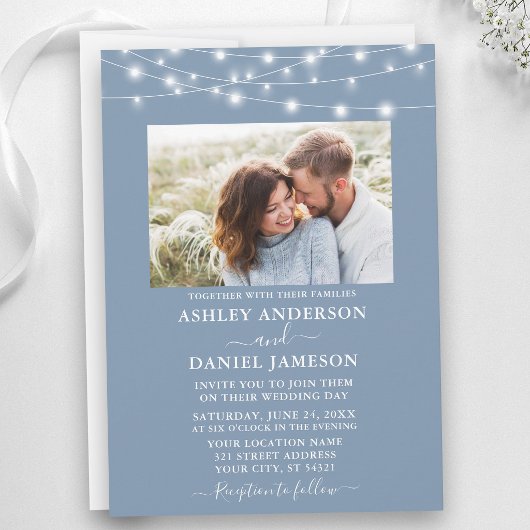 Modernes, duftendes Blue String Lights Foto Weddin Einladung