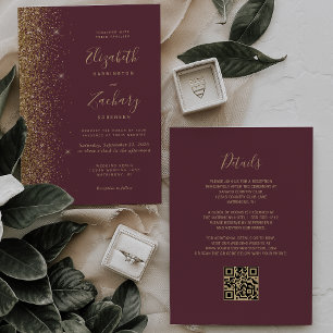 Modernes Dunkel Burgund Gold Glitzer QR Code Weddi Einladung