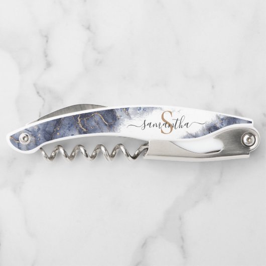 Modernes dunkelblaues Aquarellgoldmonogramm Kellnermesser (Rückseite)