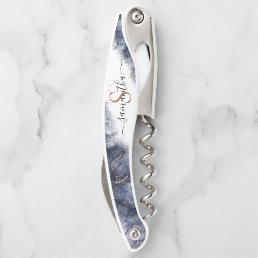 Modernes dunkelblaues Aquarellgoldmonogramm Kellnermesser (Rückseite)