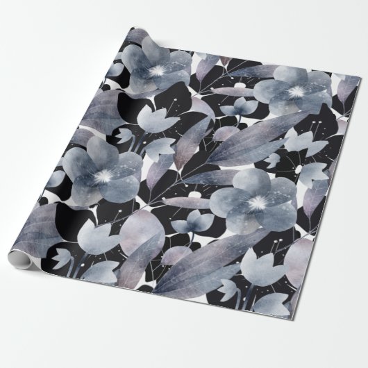 Modernes dunkelgraues Schwarz-weißes Blumenpapier Geschenkpapier (Ungerollt)