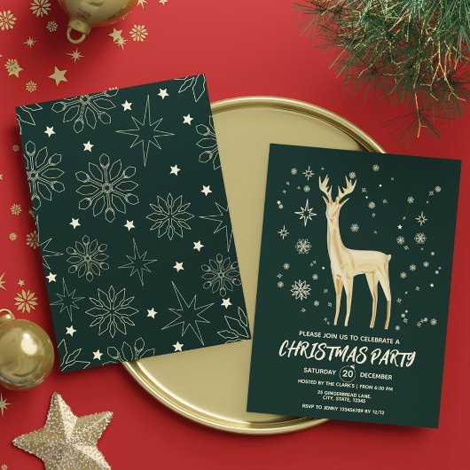 Modernes Dunkelgrün und Gold Elegantes Deer Xmas P Einladung