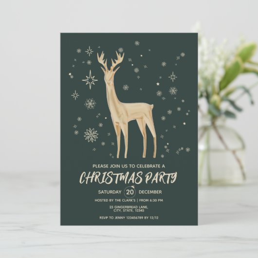 Modernes Dunkelgrün und Gold Elegantes Deer Xmas P Einladung (Stehend Vorderseite)