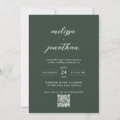 Modernes dunkelgrünes Foto Script QR Code Hochzeit Einladung (Vorderseite)