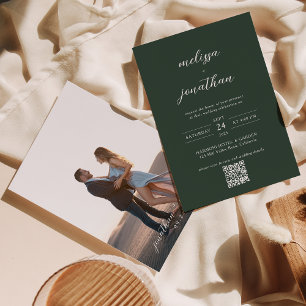 Modernes dunkelgrünes Foto Script QR Code Hochzeit Einladung