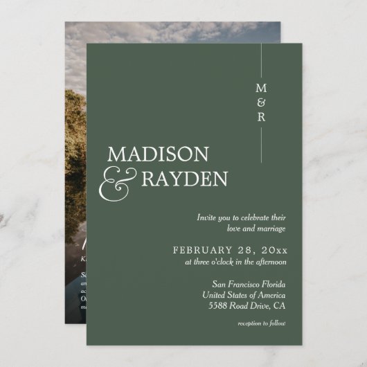 Modernes dunkelgrünes Monogramm-Foto QR-Code Hochz Einladung (Vorne/Hinten)