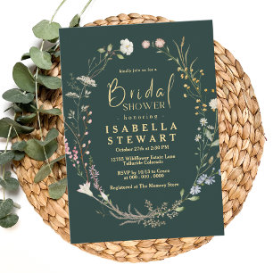 Modernes Dunkelgrünes Wildblume Boho Brautparty Einladung