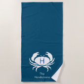 Modernes, dunkles Aquamarines Blue Crab Monogram N Strandtuch (Vorderseite)