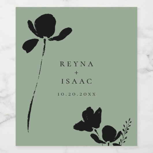 Modernes dunkles Blumenmuster Grün Weinetikett (Einzelnes Label)