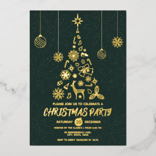 Modernes dunkles Grün und Gold Elegantes Xmas Tree Folieneinladung