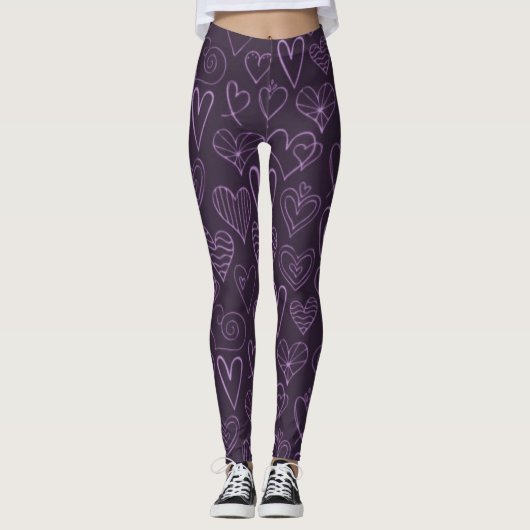 Modernes dunkles Lila Herzmuster Leggings (Vorderseite)