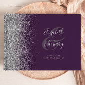 Modernes, dunkles Lila Silver Glitzer Script Gästebuch