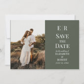 Modernes dunkles Olive Monogram-Foto Save the Date Einladung (Vorderseite)