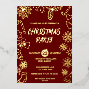 Modernes Dunkles Rot und Gold Elegantes Xmas Party Folieneinladung