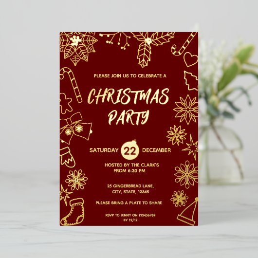 Modernes Dunkles Rot und Gold Elegantes Xmas Party Folieneinladung (Stehend vorne)