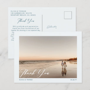 Modernes Dusty Blue Beach Wedding Foto Vielen Dank Postkarte