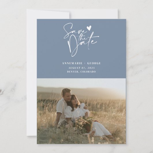 Modernes Dusty Blue Calligraphy Script Foto Save The Date (Vorderseite)