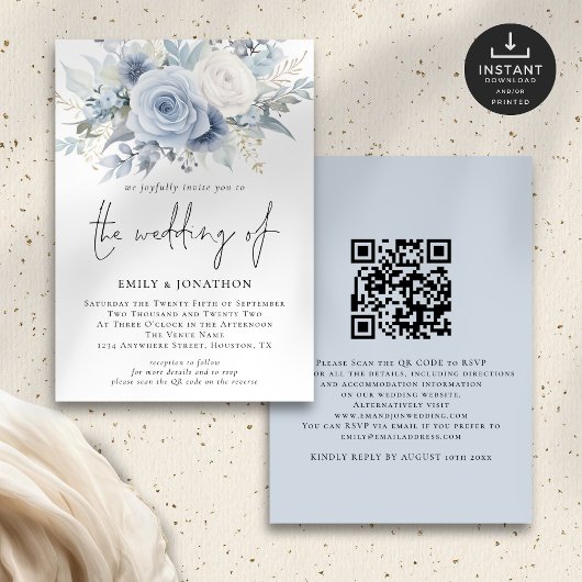 Modernes Dusty Blue Florals QR Code Wedding Einladung