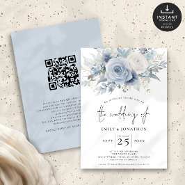 Modernes Dusty Blue Florals QR Code Wedding Einladung
