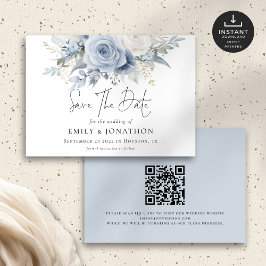 Modernes Dusty Blue Florals QR Code Wedding Save The Date