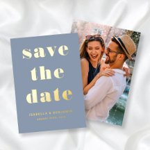 Modernes Dusty Blue Foto Save the Date Gold