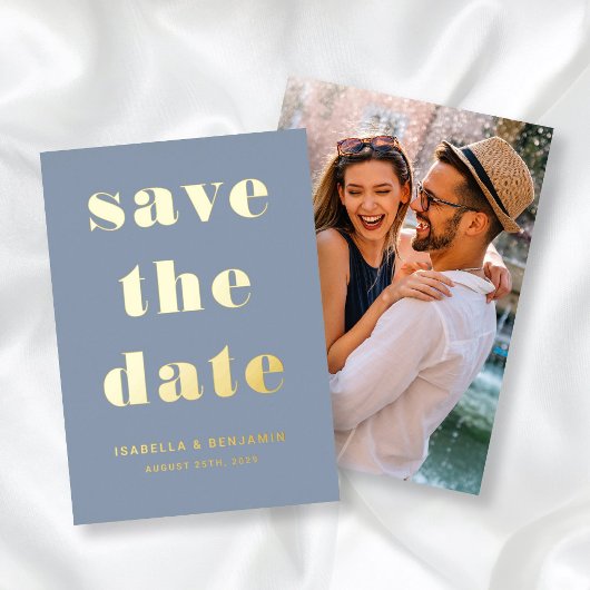 Modernes Dusty Blue Foto Save the Date Gold Folieneinladung